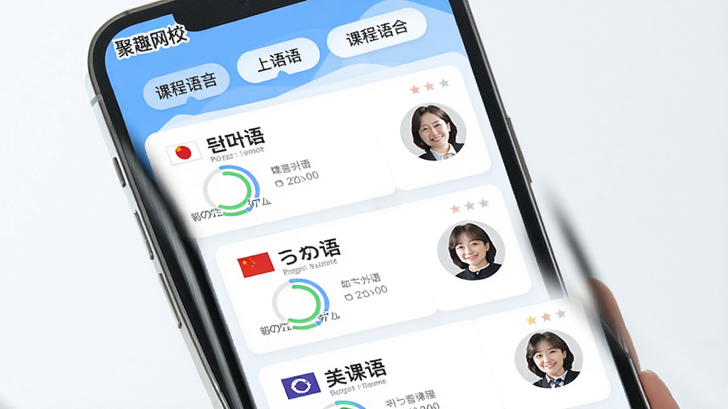 聚趣网校多语种课程界面,主体为手机屏幕展示韩语、日语、英语课程卡片排列,布局为纵向列表加顶部语言切换标签,风格清新明快,细节包含国旗图标、课程进度环和教师头像,画面中文字标注“聚趣网校”,画质高清,干净整洁