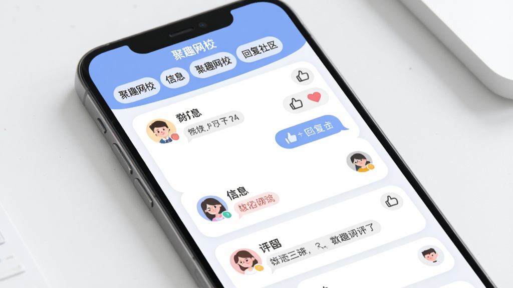 聚趣网校学习社区界面,主体为手机屏幕展示帖子列表和互动评论区,布局为顶部话题标签加信息流卡片,风格柔和圆角,细节包含点赞按钮、回复气泡和用户头像,画面中文字标注“聚趣网校”,画质清晰,干净整洁
