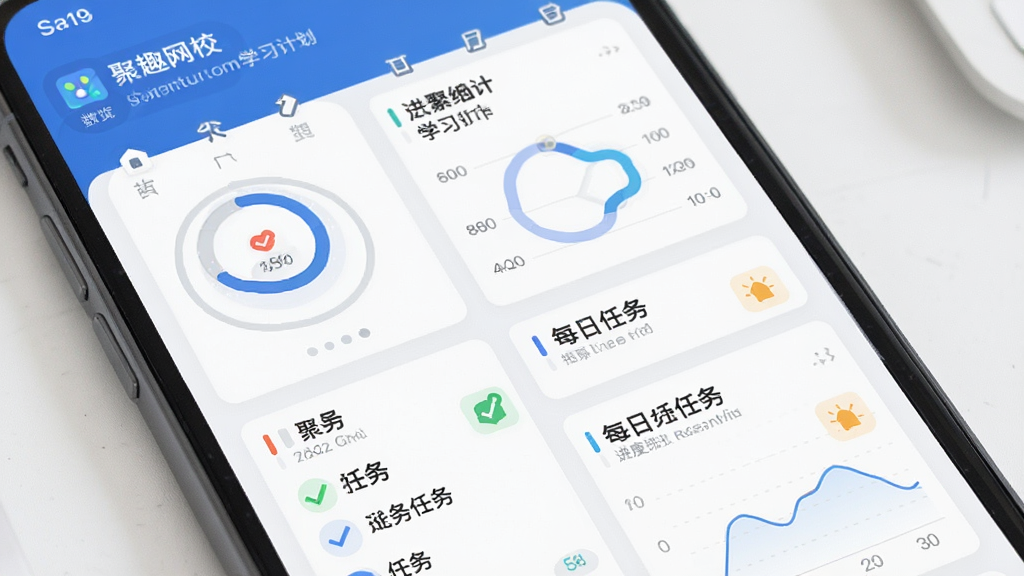 聚趣网校学习计划界面,主体为手机屏幕展示日历式学习任务列表和进度统计图表,布局为上方数据总览加下方每日任务卡片,风格简约商务,细节包含环形进度图、打卡标记和提醒图标,画面中文字标注“聚趣网校”,画质清晰,干净无杂乱元素