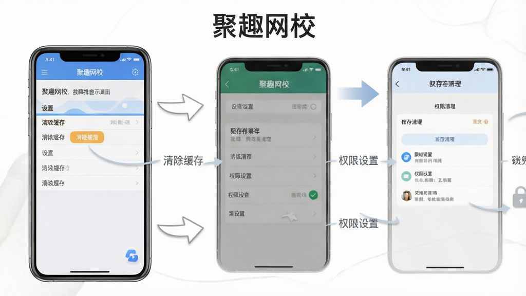 聚趣网校故障排查示意图,主体为手机屏幕展示设置菜单和缓存清理界面,布局为分步操作截图排列,风格清爽素雅,细节包含箭头指引和文字标注“清除缓存”“权限设置”,画面中文字标注“聚趣网校”,画质清晰,干净无多余元素