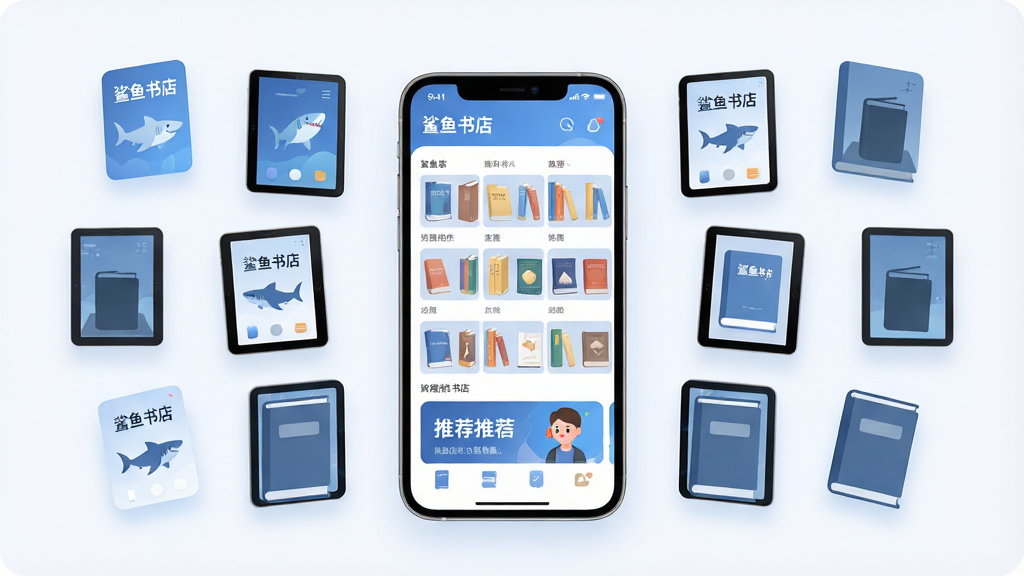 鲨鱼书店应用主界面全景展示,画面中央放置一部智能手机,屏幕内呈现整洁的图书分类书架与推荐banner,周围环绕漂浮的电子书封面与实体书剪影,布局采用居中对称构图,风格为现代扁平化UI展示风,细节包含柔和的蓝白配色、圆角卡片、清晰的