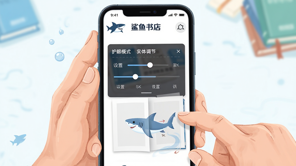 鲨鱼书店移动端使用技巧示意图,画面主体为一双手持手机操作鲨鱼书店阅读界面,屏幕中显示护眼模式与字体调节面板,布局采用第一人称视角构图,风格为清新明快的数码插画风,细节包含