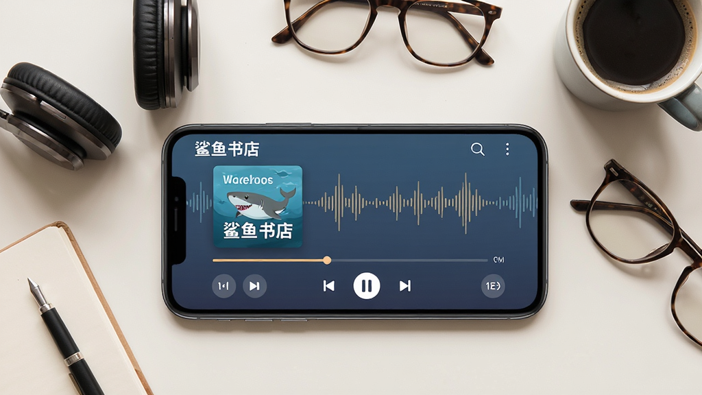 鲨鱼书店听书功能场景图,画面主体为一部横屏手机放置在桌面上,屏幕显示有声书播放界面,带有