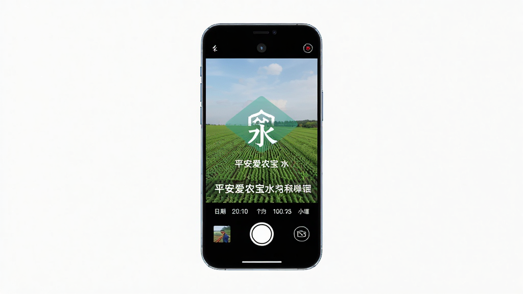 主体是一部智能手机悬浮在画面中央,布局为手机屏幕显示平安爱农宝水印相机拍摄界面,排版为居中对称式,风格为科技感UI展示风格,细节包括屏幕中农田照片带有半透明水印信息条、日期地点坐标清晰可辨、界面按钮简洁现代,画质为超清、干净、无多余元素