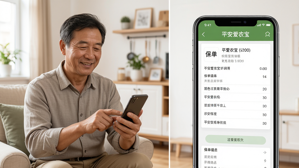主体是一位农户坐在家中使用手机操作平安爱农宝应用,布局为人物位于画面左侧、手机屏幕内容位于右侧放大展示,排版为左右分栏式,风格为温馨生活场景风格,细节包括手机屏幕显示保单详情页面、农户表情轻松满意、室内环境整洁明亮,画质为高清、干净、无多余元素