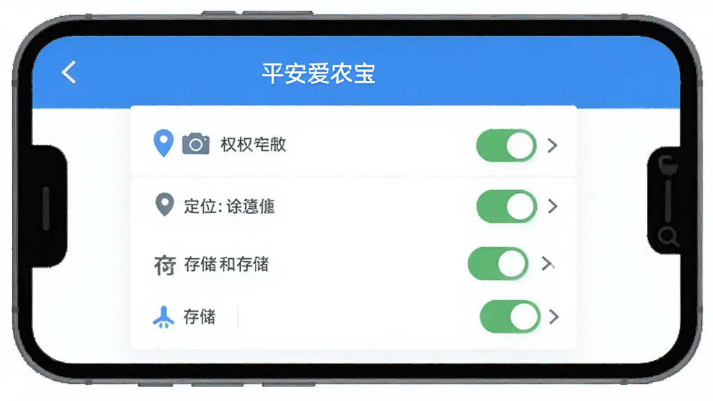 主体是手机屏幕显示平安爱农宝应用权限设置界面,布局为手机居中放置,排版为简洁产品展示风格,风格为扁平化UI示意图风格,细节包括定位、相机、存储三个权限开关均显示为开启状态、界面配色以蓝白为主、图标清晰,画质为高清、干净、无多余元素