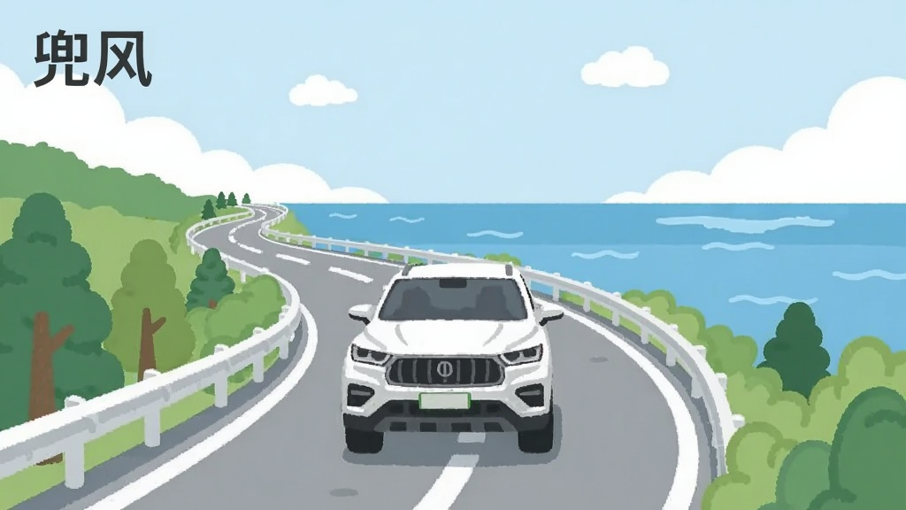һ��չ�ֳ����ܱ��Լݳ��еĲ廭������������һ����ɫSUV��ʻ�����ѵ��غ���·�ϣ���·��������������ɫ�󺣣�������м�����ƣ����Ͻ���
