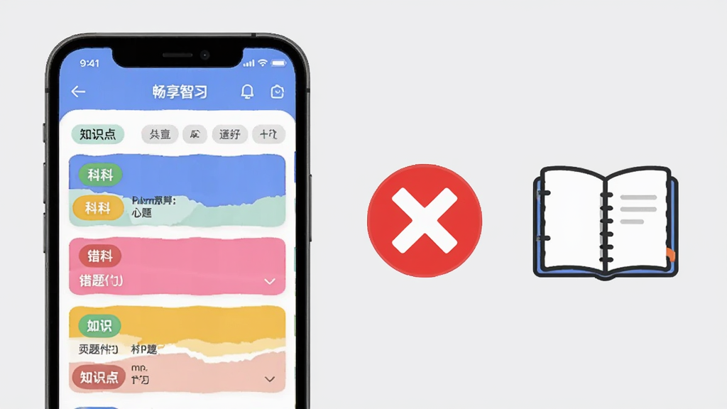����չʾ������ϰAPP�Ĵ��Ȿ���ܽ��棬�ֻ���Ļ��ʾ�����б���֪ʶ���ǩ����Ļ�Ա���һ����ɫ�Ĳ��ͼ���һ�������ıʼǱ�������Ϊ�ֻ�����ͼ�����ң����Ϊ��ˬ��ѧϰ���߷磬ϸ���ϴ�����Ŀ�п�Ŀ����ɫ�飬����Ϊǳ��ɫ�������������ɾ����޶���Ԫ��