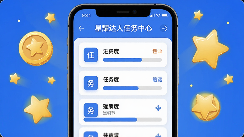 星耀达人任务中心界面展示图,画面主体为手机屏幕特写,屏幕中显示任务列表与进度条,周围环绕金币与星星图标,布局居中对称,风格扁平化,蓝白配色,细节清晰,画质干净,无多余元素