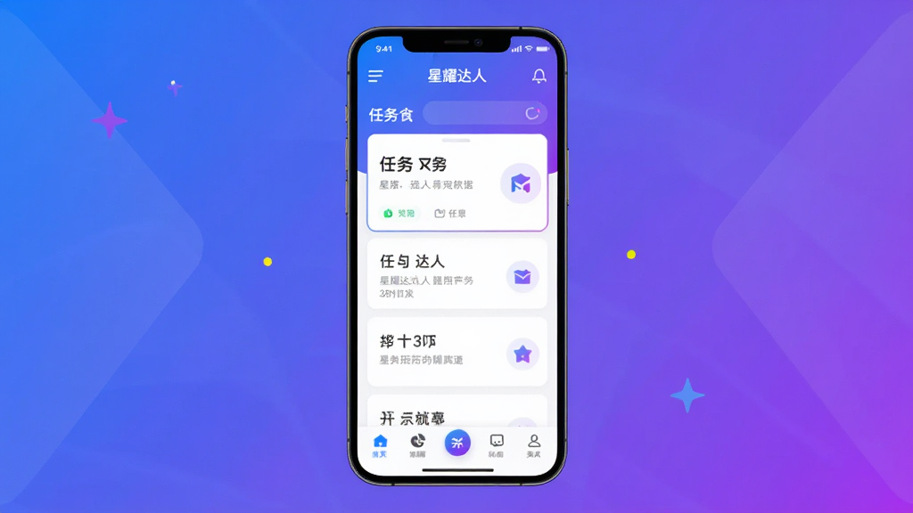 星耀达人软件主界面预览图,画面中央展示手机屏幕,屏幕内呈现星耀达人应用首页布局,包含任务列表卡片、顶部导航栏与底部功能菜单,整体采用蓝紫渐变配色,风格简洁现代,细节清晰,画质干净,无多余元素