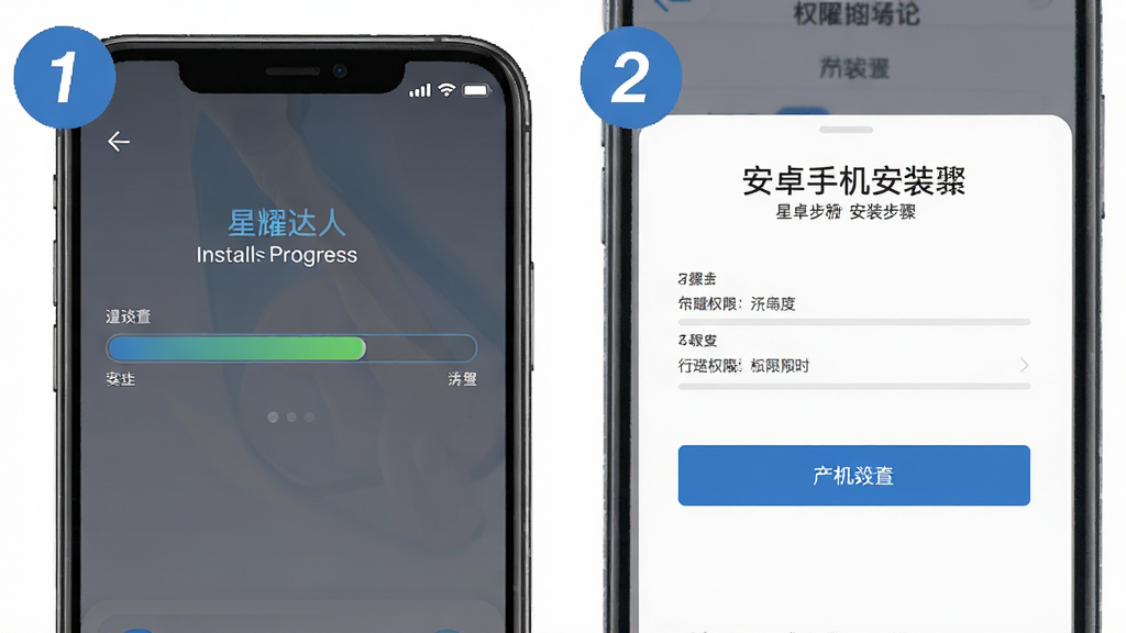 星耀达人安卓手机安装步骤示意图,画面展示手机屏幕中安装进度条与权限设置页面,步骤编号清晰,风格简洁商务,蓝灰配色,细节明确,画质干净,无多余元素