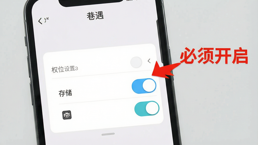 一张展示手机屏幕录制教程的截图风格图片,画面中手机显示“巷遇”APP的权限设置页面,有定位、存储、相机三个开关按钮,旁边有红色箭头标注“必须开启”,背景为纯色浅灰,风格为简洁说明图,画质清晰,文字醒目,画面干净无多余装饰