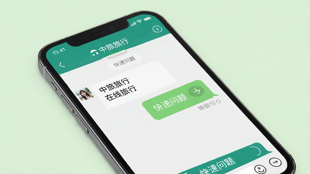 一张手机APP客服咨询界面图,画面中一部手机展示“中旅旅行”APP在线客服聊天页面,对话框中有文字气泡和快捷问题按钮,背景为浅绿色,风格亲切友好,画质高清,干净,无多余元素