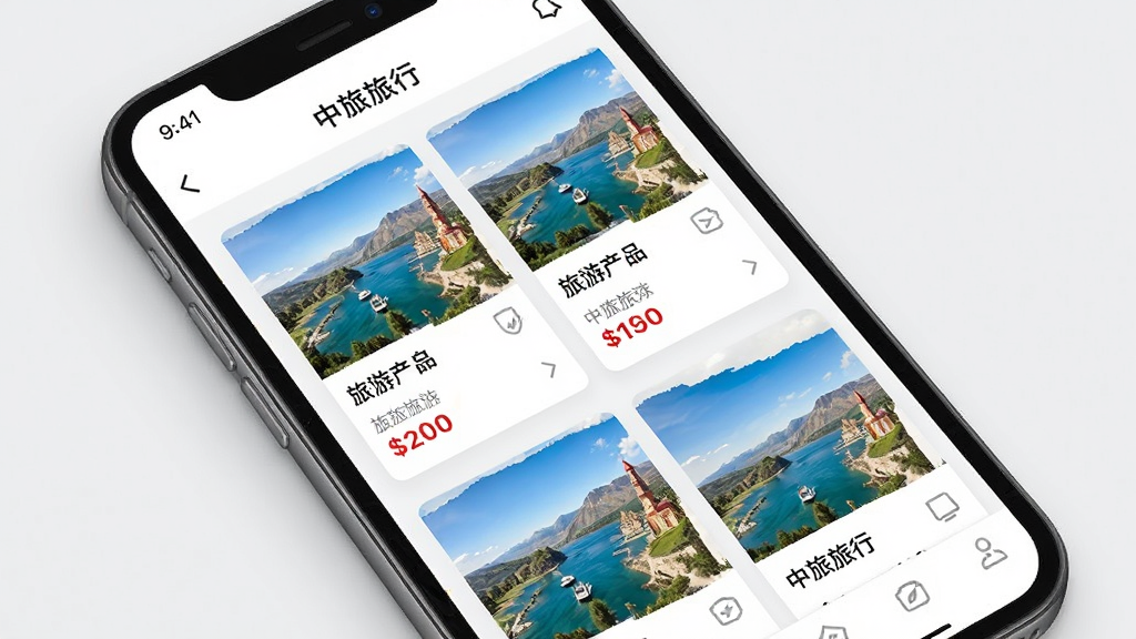 一张展示旅游产品列表的手机APP界面图,画面主体为手机屏幕,屏幕中呈现“中旅旅行”APP的旅游产品列表页,包含多个旅游套餐卡片,每张卡片上有目的地图片和价格信息,背景为白色和浅灰色搭配,风格清爽简约,画质高清,干净,无多余元素