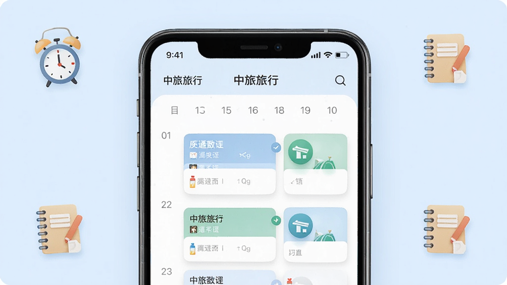 一张手机APP行程管理界面图,画面中一部手机竖屏展示“中旅旅行”APP的行程日历页面,页面上有日期标注和行程卡片,背景为淡蓝色,周围有闹钟和记事本小图标点缀,风格清新柔和,画质高清,干净,无多余元素