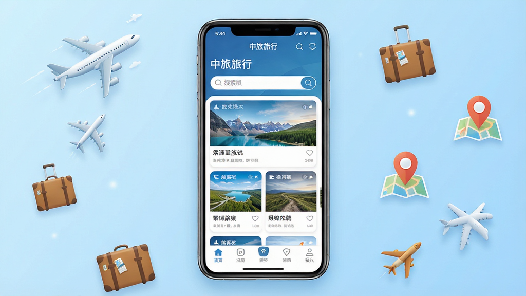 一张手机应用界面展示图,画面中央是一部竖屏智能手机,屏幕中显示“中旅旅行”APP首页界面,包含旅游产品卡片、搜索框和底部导航栏,背景为浅蓝色渐变,周围点缀飞机、行李箱、地图定位图标等旅行元素,整体布局简洁清晰,风格现代商务,细节精致,画质高清,干净,无多余元素