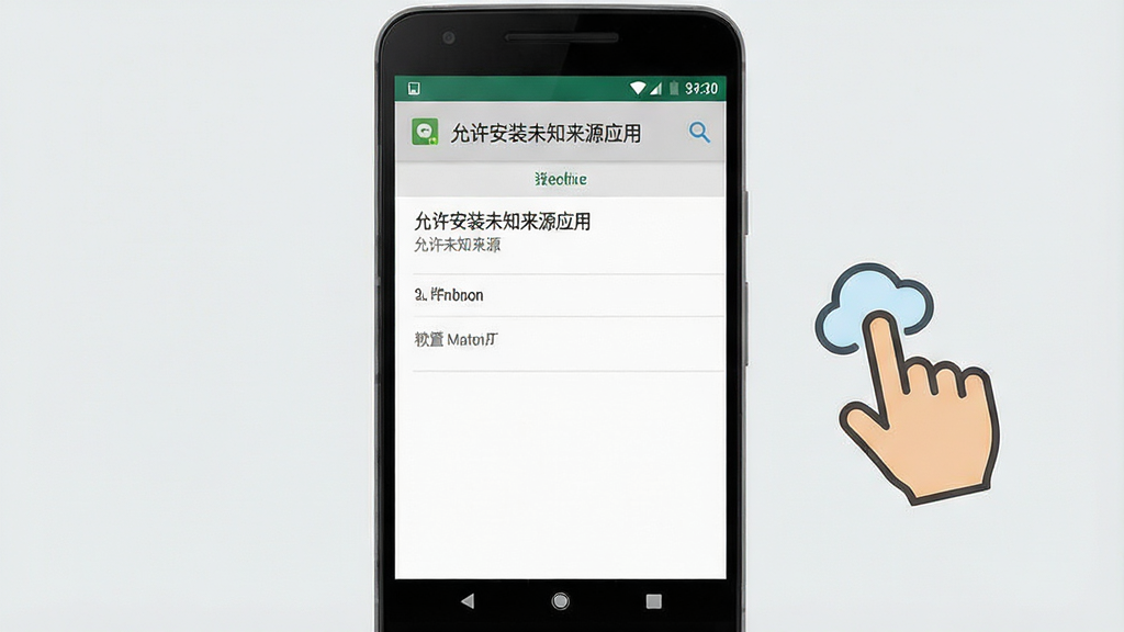 一张手机APP安装设置示意图,画面中一部安卓手机显示“允许安装未知来源应用”的设置界面,旁边有手指点击的图标示意,背景为浅灰色,风格简洁明了,画质高清,干净,无多余元素