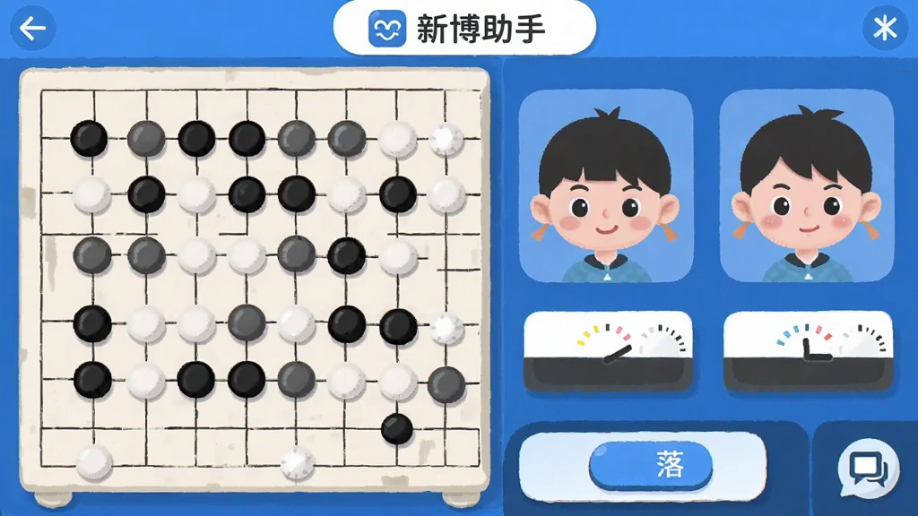 画面为一张围棋对弈界面截图风格插画,左侧是围棋棋盘和黑白棋子,右侧显示两位卡通儿童头像和计时器,屏幕上方有