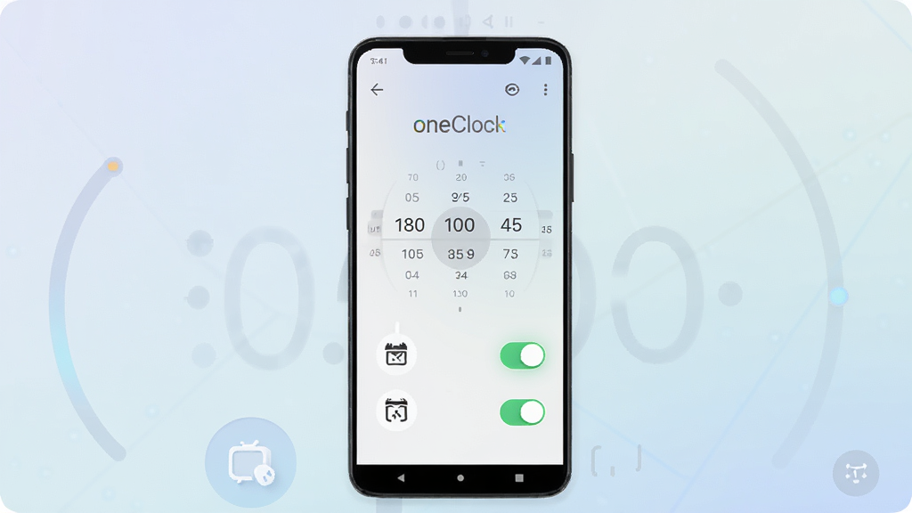 手机闹钟oneClock闹铃应用界面展示,主体为一部竖屏安卓手机,屏幕显示极简风格闹钟设置页面,包含时间选择滚轮与多个闹铃开关按钮,布局居中对称,排版清晰,风格现代科技感,细节包含柔和渐变背景与圆形图标,画质高清,干净整洁,无多余元素