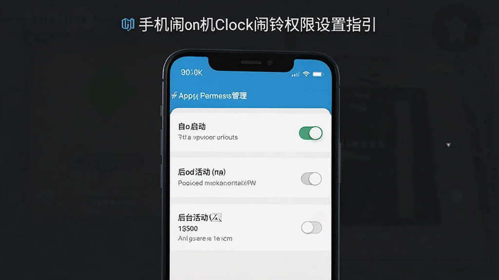 手机闹钟oneClock闹铃权限设置指引图,主体为手机屏幕显示应用权限管理页面,布局纵向列表,排版清晰,风格扁平化,细节包含自启动开关与后台活动选项,画质高清,干净整洁,无多余元素