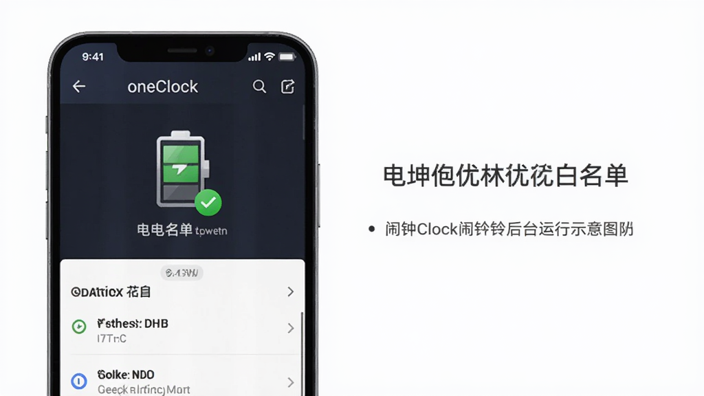 手机闹钟oneClock闹铃后台运行示意图,主体为手机屏幕显示电池优化白名单设置页面,布局上下分层,排版直观,风格科技感,细节包含电池图标与绿色对勾标记,画质清晰,干净无干扰