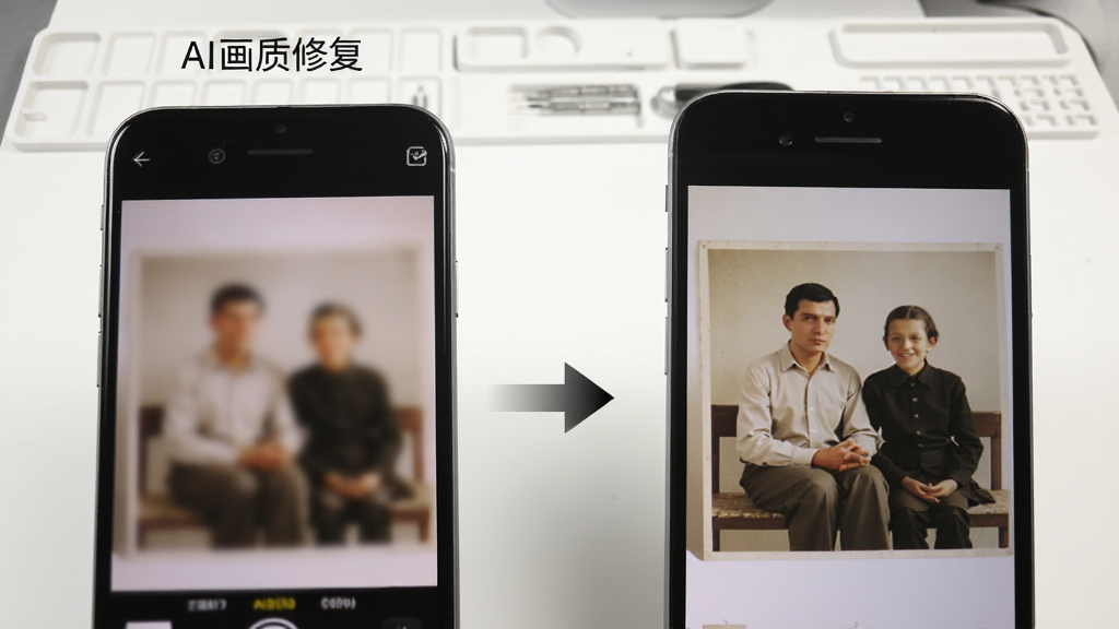 画质修复软件AI超分修复功能展示图,画面左侧是一部手机显示模糊的老照片,右侧是同一张照片经过画质修复后变得清晰锐利,中间有箭头表示处理过程,手机屏幕上方有画质修复文字标识,背景为白色工作台面,光线明亮,风格简洁直观,画质干净,无多余元素