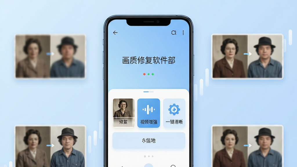 画质修复软件主界面预览图,画面中央展示一部安卓手机,手机屏幕上显示着画质修复APP的启动页,界面干净简洁,顶部有画质修复软件名称文字,下方排列着老照片修复、视频增强、一键清晰等功能按钮,背景为柔和的浅蓝色渐变,手机周围点缀着几张由模糊变清晰的对比小图,整体风格现代科技感,细节清晰,画质干净,无多余元素