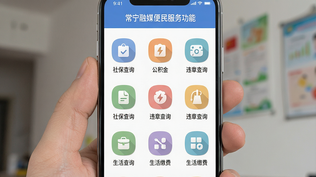 一张展示常宁融媒便民服务功能页面的图片,主体为手机屏幕特写,屏幕上显示着常宁融媒便民服务板块,包含社保查询、公积金、违章查询、生活缴费等彩色图标,布局为九宫格排列,风格为扁平化设计,细节上图标精致,色彩柔和,画质高清,干净,无多余元素