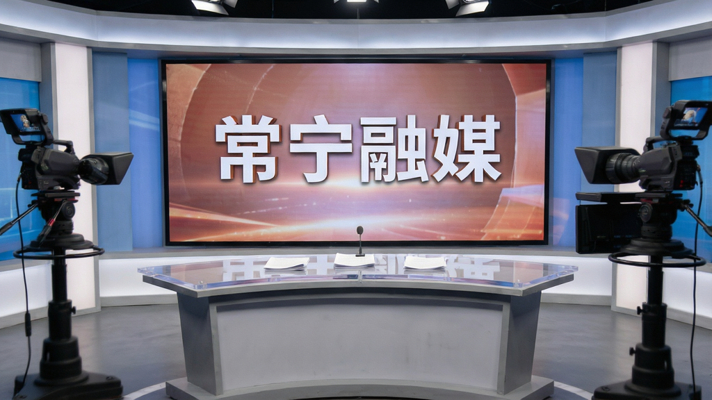 一幅描绘常宁融媒新闻采编场景的图片,画面中央是一个新闻演播室,背景大屏幕上显示着常宁融媒四个大字,前景是一张主播台,台面上放着新闻稿,侧边有摄像机对着主播台,整体布局对称,风格为写实新闻摄影风,细节上灯光柔和,画面明亮,画质高清,干净,无多余元素