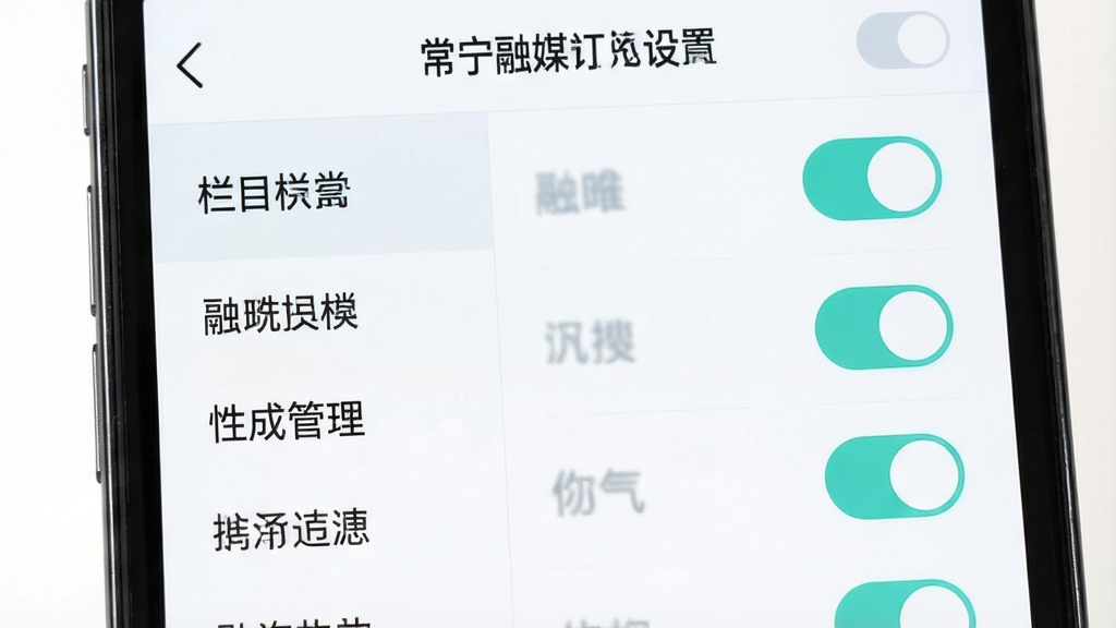 一张展示常宁融媒个性化订阅设置界面的图片,主体为手机屏幕,屏幕上显示着订阅管理页面,左侧是栏目分类列表,右侧是开关按钮,部分开关处于开启状态,布局清晰,风格为清爽浅色系,细节上界面干净,文字可读性强,画质高清,无多余元素