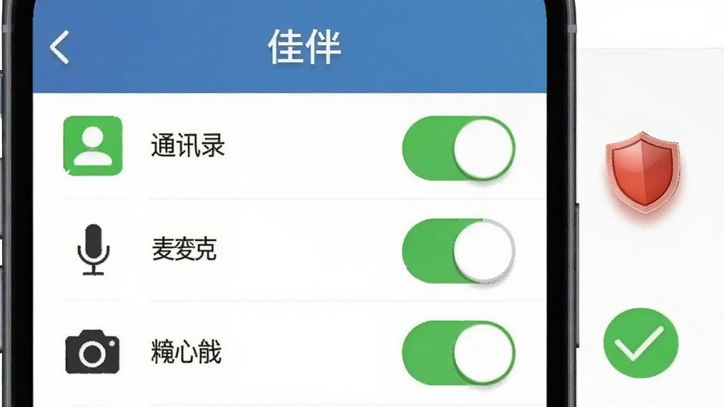 手机屏幕显示“佳伴”的权限管理设置页面,页面中有通讯录、麦克风、相机等权限开关,旁边有一个红色的盾牌图标和绿色的对勾图标,布局为手机界面截图风格,细节包括开关的立体感和文字标注,画质清晰,干净无多余元素。
