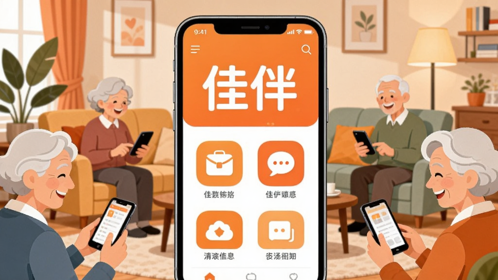 画面中央是一部大屏幕智能手机,屏幕内显示“佳伴”App的首页界面,界面包含大字体、大图标和温暖的橙色调,周围环绕着几位笑容满面的中老年用户正在使用手机,背景是温馨的家庭客厅,布局采用中心构图,风格为现代扁平插画,细节包括沙发、绿植和暖色灯光,画质清晰,干净无多余元素。