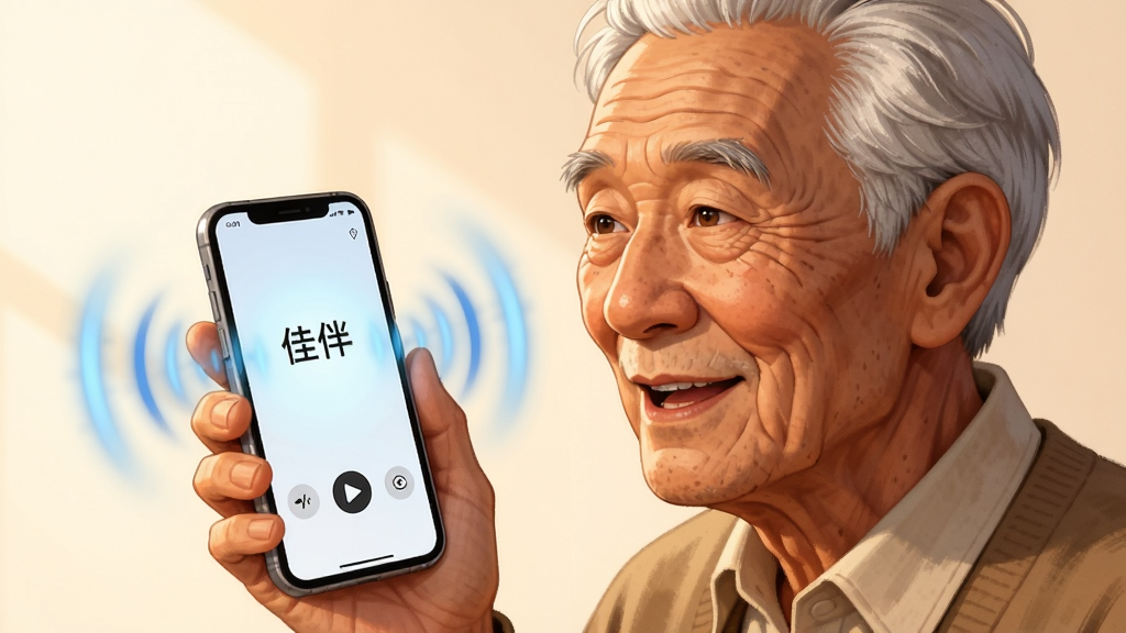 一位银发老人手持手机,手机屏幕显示“佳伴”的语音输入界面,屏幕周围有蓝色的声波扩散图形,老人面带微笑正在对着手机说话,布局为半身特写,风格为温暖写实插画,细节包括老人脸上的皱纹和手机屏幕的亮光,画质清晰,干净无多余元素。