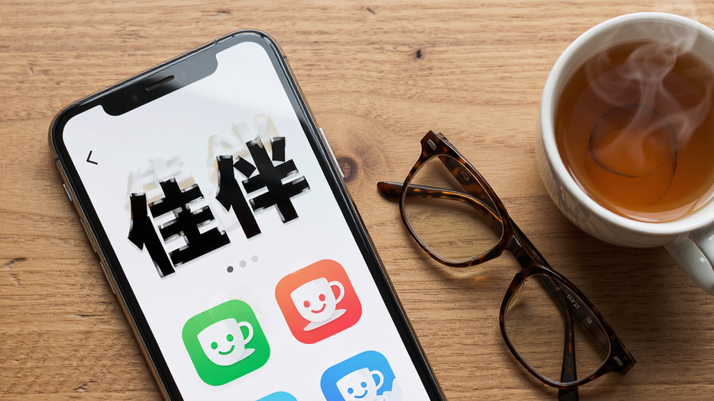 一部手机屏幕特写,屏幕上显示“佳伴”应用界面,界面中字体非常巨大、图标醒目,旁边放着一副老花镜和一杯热茶,背景是木质桌面,布局为俯视角度,风格为写实摄影,细节包括手机边框反光和茶水热气,画质高清,干净无多余元素。
