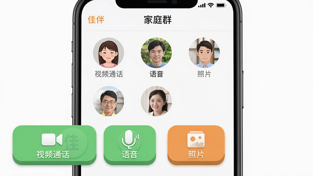 手机屏幕显示“佳伴”的家庭群组聊天界面,界面中有多个圆形头像,头像下方有“视频通话”“语音”“照片”等大按钮,屏幕上方有“家庭群”字样,布局为正面平视,风格为扁平化UI设计展示,细节包括按钮的立体感和头像的清晰度,画质干净,无多余元素。