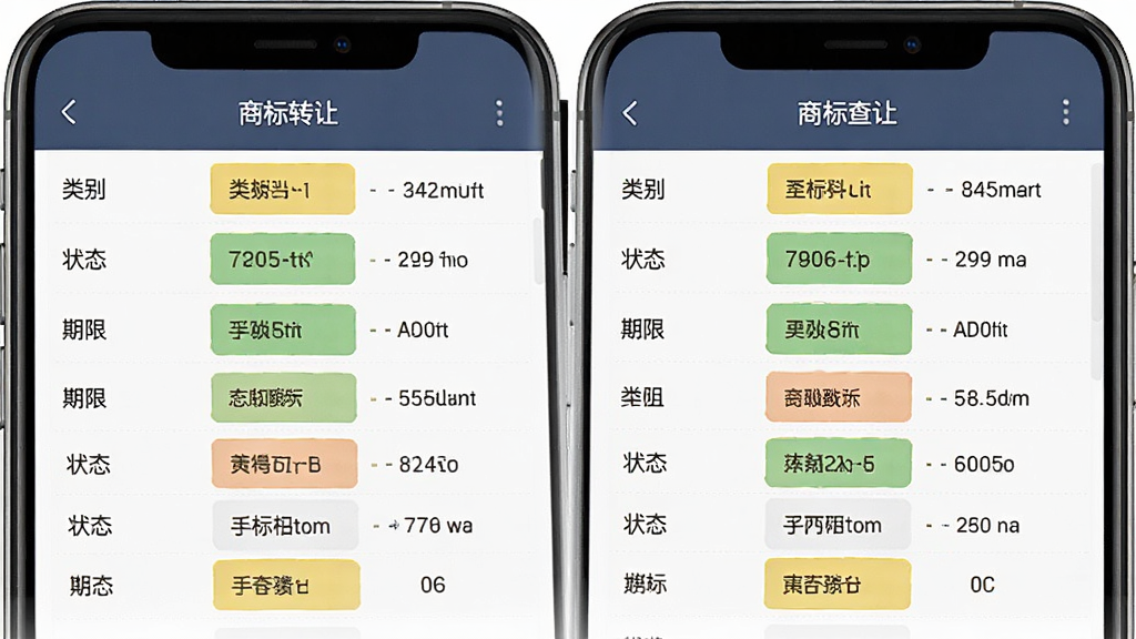 商标转让查询平台商标对比功能界面,主体为手机屏幕展示两列商标信息对比表格,布局为左右分栏,风格为商务简约风,细节包括类别、状态、期限等字段的高亮标注,画质清晰干净无多余元素