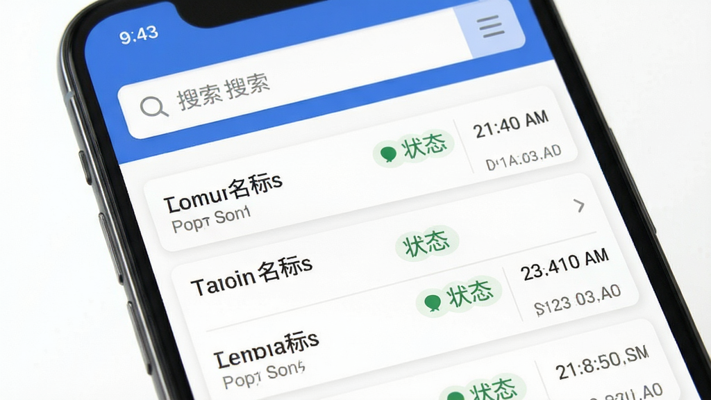 商标转让查询平台数据检索功能界面,主体为手机屏幕展示搜索结果列表,布局为上下结构,上方为搜索栏,下方为条目列表,风格为清爽简约风,细节包括每条记录的商标名称、状态图标与时间戳,画质清晰干净无多余元素