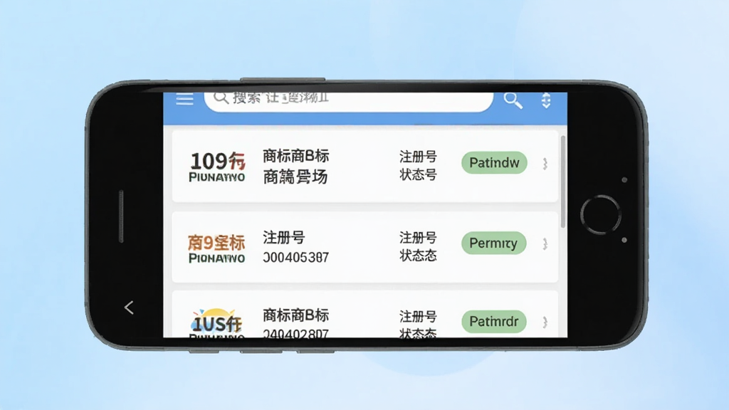商标转让查询平台手机应用界面展示,主体为一部安卓手机屏幕,屏幕中显示商标列表与搜索框,布局为居中手机正面图,背景为简洁的浅蓝色渐变,风格为现代扁平化UI展示,细节包括商标名称、注册号、状态标签等元素,画质清晰干净无多余元素