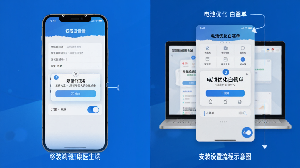 复星健康医生端安装设置流程示意图,画面为手机屏幕内权限设置页面与电池优化白名单界面,布局为左右分栏展示移动端与电脑端差异,风格为科技蓝风格,细节包括开关按钮、提示弹窗、步骤编号,画质高清,干净,无多余元素