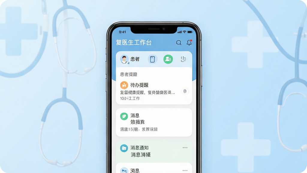 复星健康医生端应用主界面展示,画面中央放置一部智能手机,屏幕显示医生工作台页面,包含患者列表、待办提醒、消息通知等模块,背景为浅蓝色渐变医疗风格,整体布局简洁清晰,风格为现代扁平化UI设计,细节包括图标圆角、卡片式信息展示、顶部状态栏,画质高清,干净,无多余元素