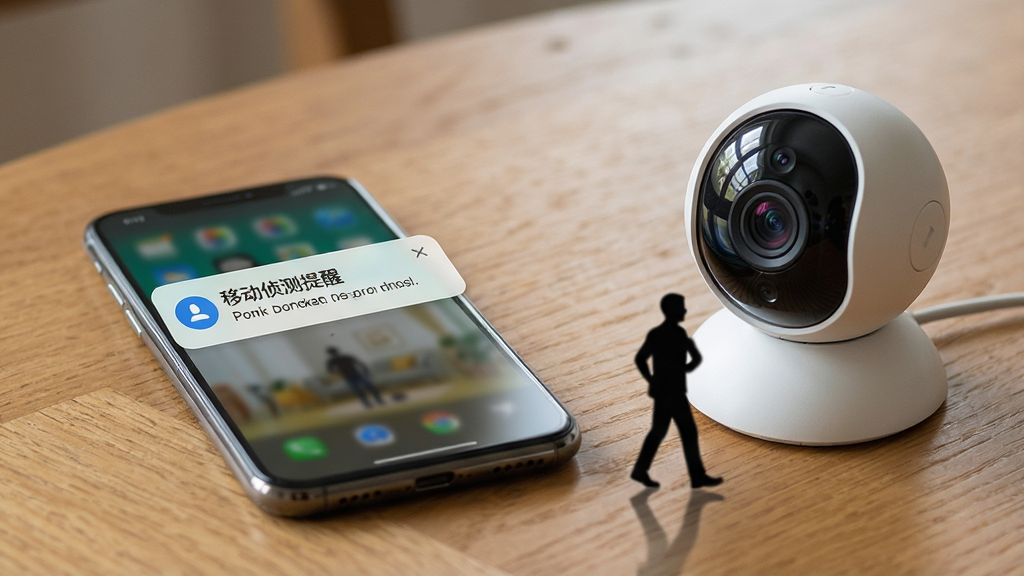 一张展示小眯眼移动侦测提醒功能的场景图,画面主体为一部手机放置在木质桌面上,屏幕内显示一条推送通知横幅,通知内容为移动侦测提醒,手机旁边有一个小型家用摄像头,摄像头前方有一个模拟移动的人形剪影,布局为手机与摄像头左右呼应,风格为写实生活风,细节包括通知横幅的图标、摄像头镜头的反光、桌面木纹质感,画质清晰,干净,无多余元素。