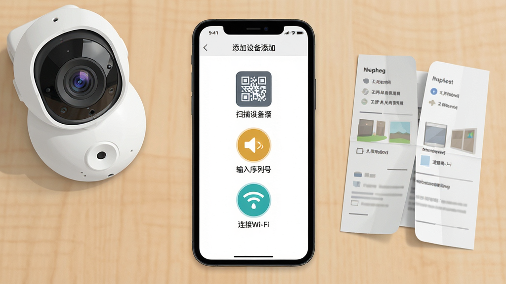 一张展示小眯眼应用内设备添加引导页面的场景图,画面主体为一部手机,屏幕内显示添加设备步骤界面,包含扫描二维码、输入序列号、连接Wi-Fi三个步骤图标,手机旁边放置一个家用摄像头与一张说明书卡片,布局为手机居中、物品环绕,风格为扁平化教学风,细节包括步骤图标的颜色区分、摄像头镜头细节、说明书的折叠痕迹,画质清晰,干净,无多余元素。