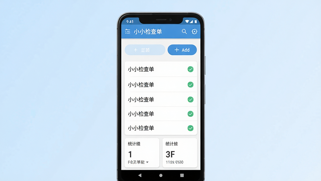 һ��չʾ�ֻ�Ӧ�ý����ͼƬ������������һ��������׿�ֻ����ֻ���Ļ����ʾ��СС��鵥��Ӧ�������棬���������鵥�б������Ӱ�ť��ͳ�ƿ�Ƭ�����ּ������������Ϊǳ��ɫ���䣬����ִ���ƽ����ϸ�ڰ���ͼ�ꡢ���ֱ�ǩ�빴ѡ״̬�������������ɾ����޶���Ԫ��