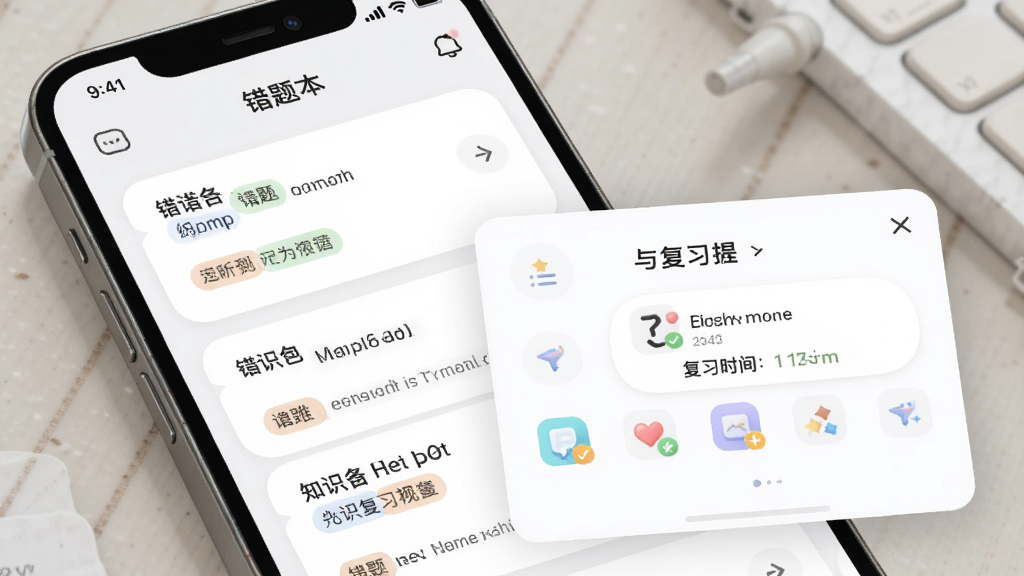 英语语法AI版错题本功能界面,主体为手机屏幕展示错题列表与复习提醒弹窗,布局为卡片式排版,风格为柔和浅色教育应用风格,细节包括错题标签、复习时间提示、知识点分类图标,画质高清,干净,无多余元素