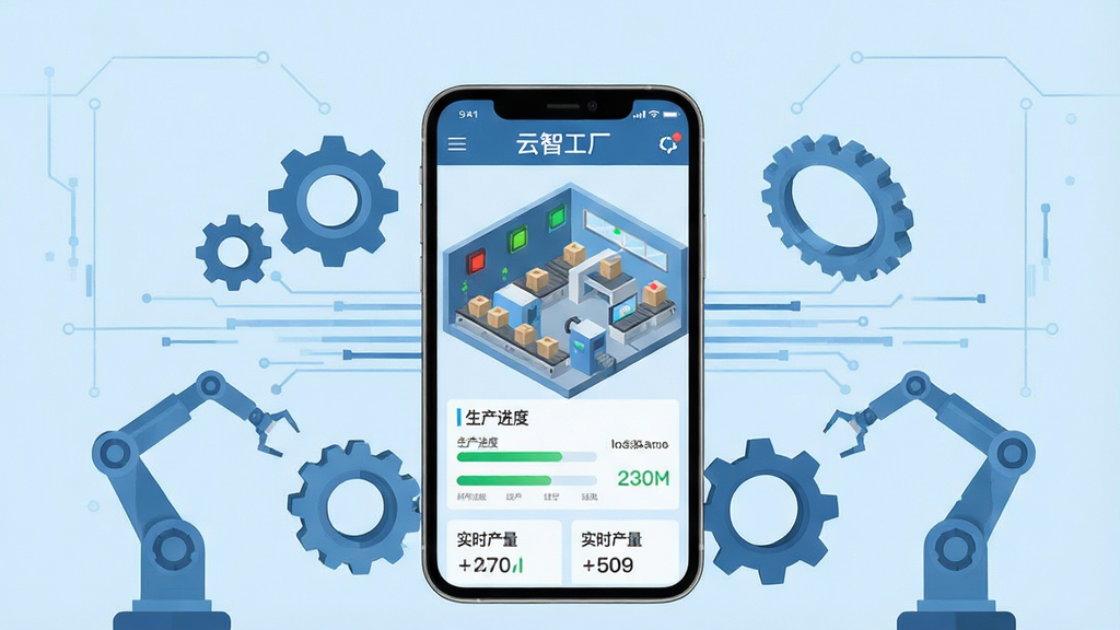 一张展示云智工厂软件核心全貌的图片,画面中央是一部智能手机,手机屏幕上显示着工厂车间的三维数据看板,包含设备状态指示灯、生产进度条和实时产量数字,手机周围环绕着齿轮、机械臂、数据流线条等工业元素,背景是简洁的浅蓝色科技风格,布局居中对称,排版干净整洁,风格为现代扁平化科技插画,细节丰富,画质清晰,干净无多余元素,图片中文字为“云智工厂”