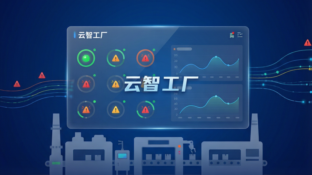 一张展示云智工厂实时设备监控功能的图片,画面主体为一块悬浮在半空中的半透明数据面板,面板上排列着多台设备的圆形状态指示灯和曲线图表,面板下方是工厂车间的简化轮廓,背景为深蓝色渐变,风格为科技感数据可视化,细节包括闪烁的预警图标和流动的数据线条,画质清晰,干净无多余元素,图片中文字为“云智工厂”