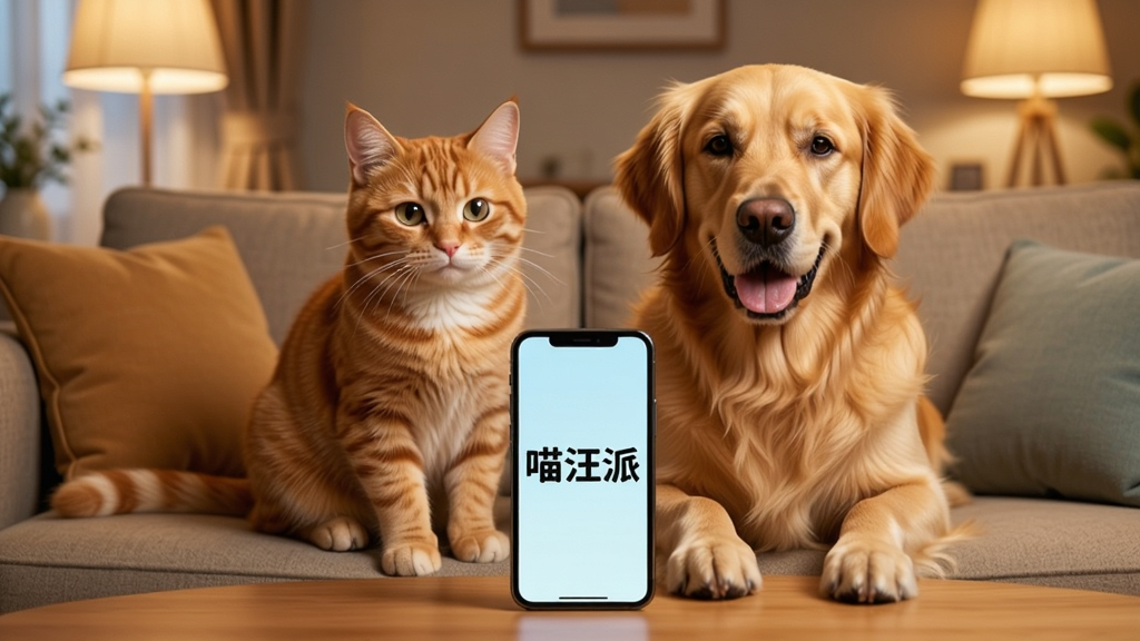 一只可爱的橘猫和一只金毛犬并排坐在沙发上,面前放着一部智能手机,手机屏幕上显示着“喵汪派”三个字,背景是温馨的客厅环境,暖色调灯光,画面布局居中,风格温馨写实,细节丰富,画质清晰,干净,无多余元素
