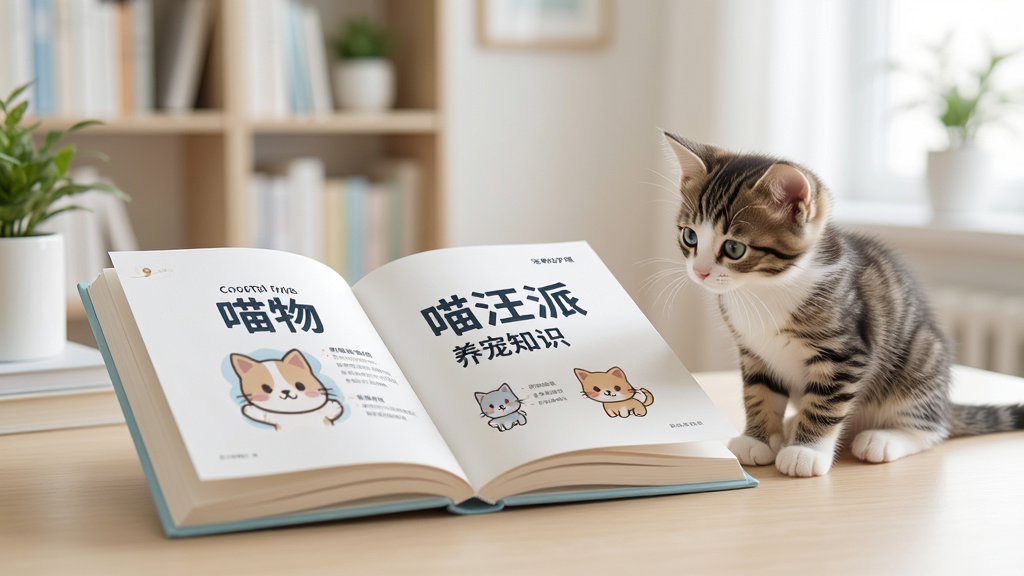 一本打开的宠物护理手册放在桌面上,旁边有一只小猫在好奇地观看,手册页面上写着“喵汪派”养宠知识,背景是整洁的书房,风格简约明亮,细节丰富,画质清晰,干净,无多余元素
