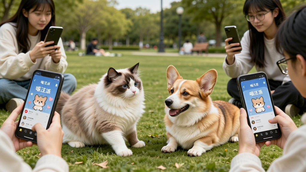 一只布偶猫和一只柯基犬在公园草地上玩耍,周围有几位年轻人在用手机拍照,手机屏幕上显示“喵汪派”应用的社交界面,画面布局开阔,风格清新自然,细节丰富,画质清晰,干净,无多余元素