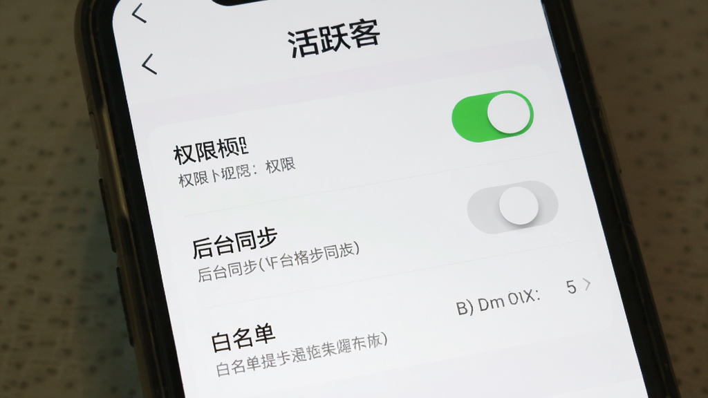 手机屏幕上显示活跃客的设置页面,包含权限开关、后台同步选项和白名单提示,画面中有